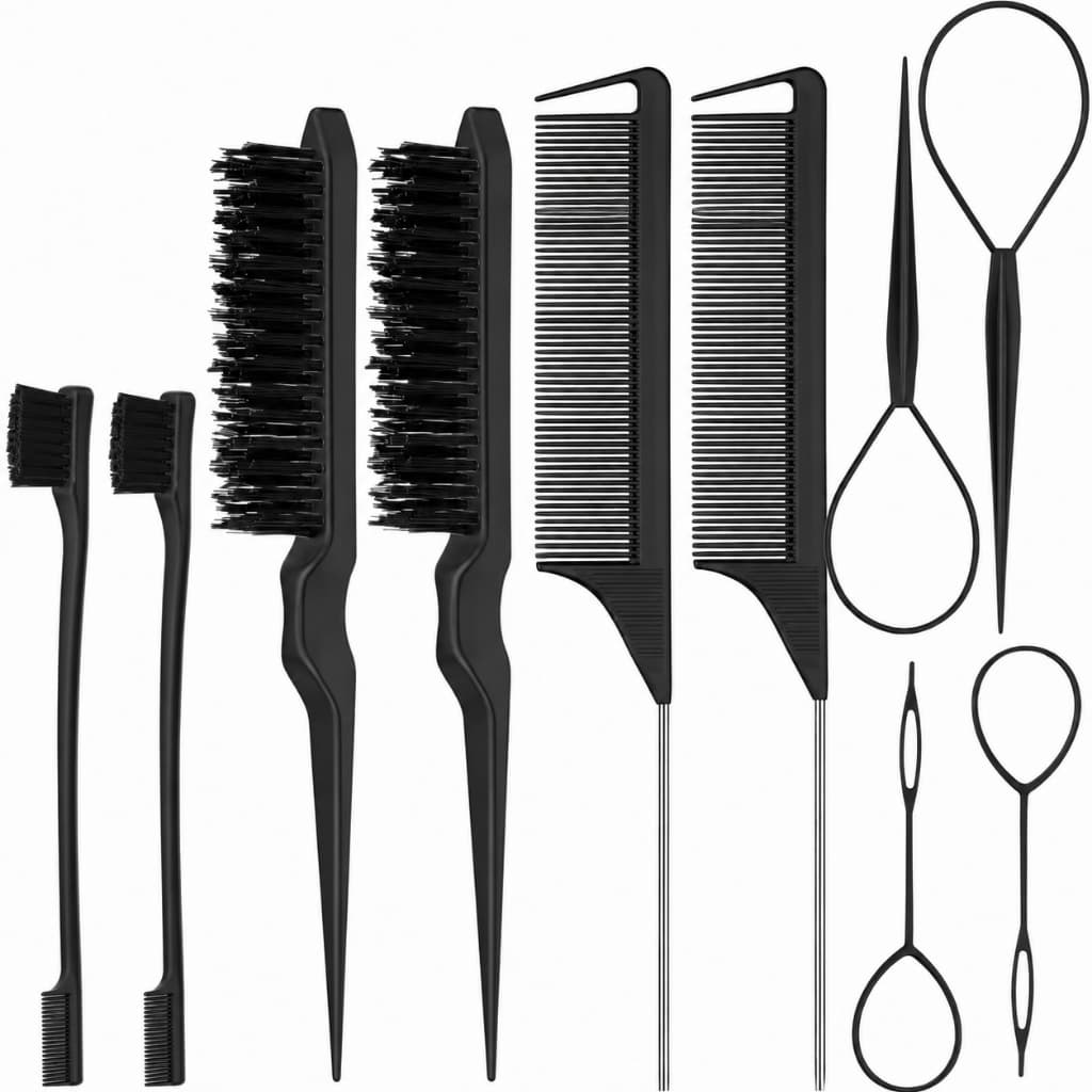 Kit 5/10 Peças Para Modelagem De Cabelo Pente Rosa E Preto Ponta Fina Aço Escova De Cabelo Trança