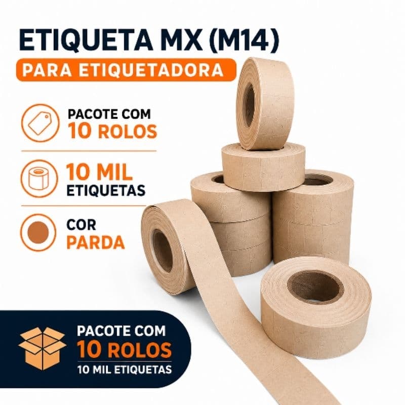 Etiqueta MX M14 Parda 10 Rolos 10 Mil Unidades Para Etiquetadora Motex Jolly Open Meto Towa