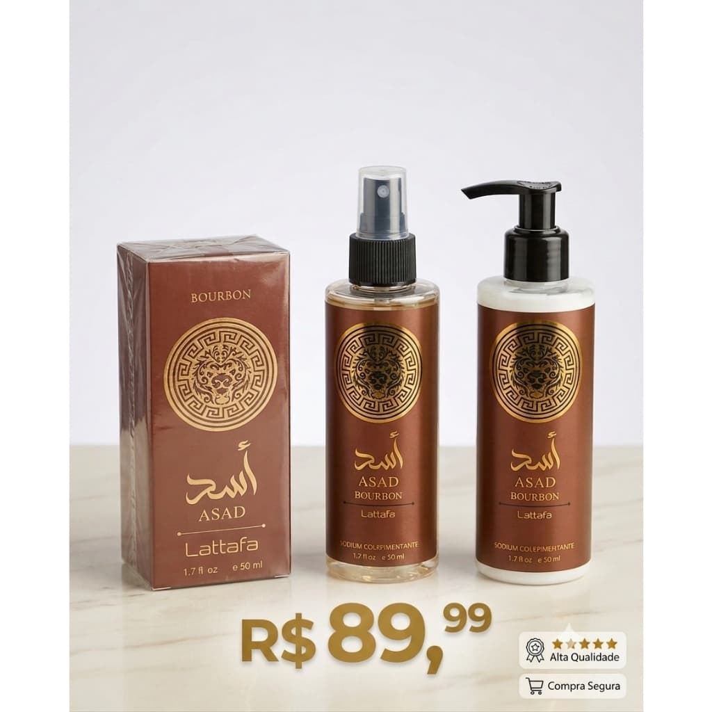Kit Masculino Asad Bourbon Lattafa Completo Perfume Creme e Body Splash