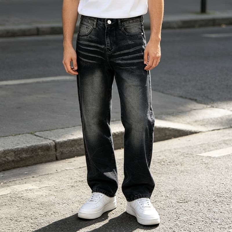 【Tung Jeans】Calca Jeans Maculina Balao Modelagem Reta e Solta Lavagem Estonada Versátil para o dia a dia