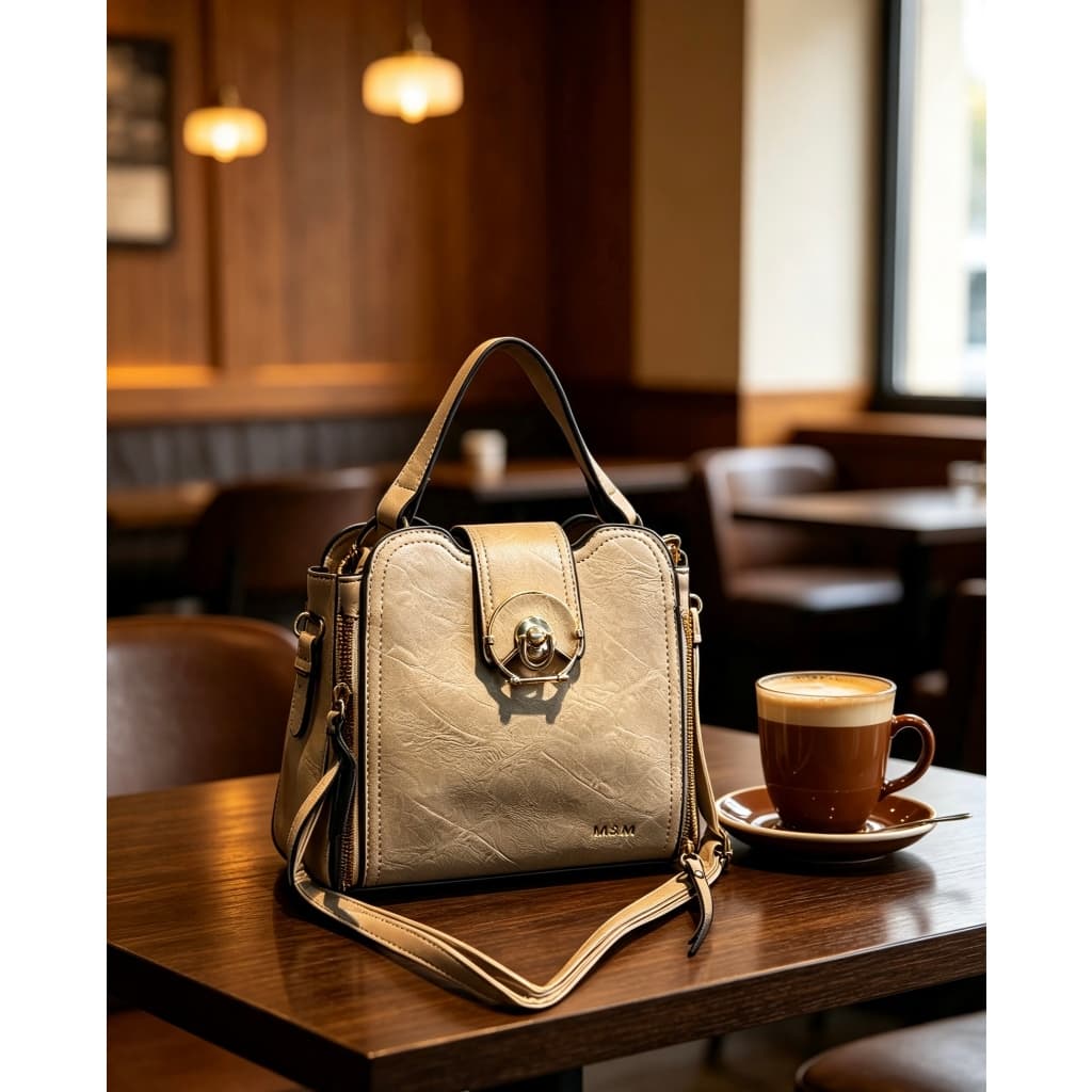 Bolsa Mão e Transversal Bege Texturizada Fecho Metal Dourado MSM