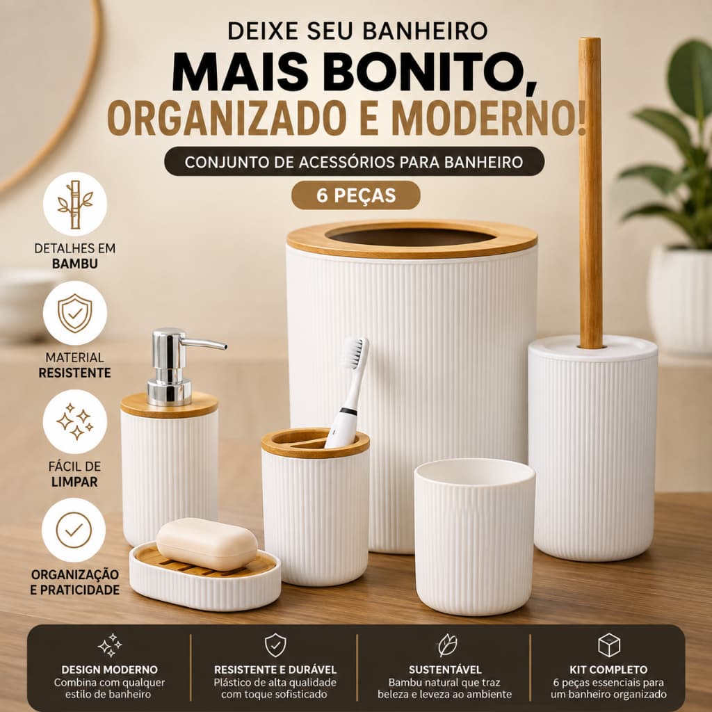 Kit Acessórios para Banheiro 6 Peças Bambu Completo com Lixeira Dispenser Saboneteira Escova Sanitária