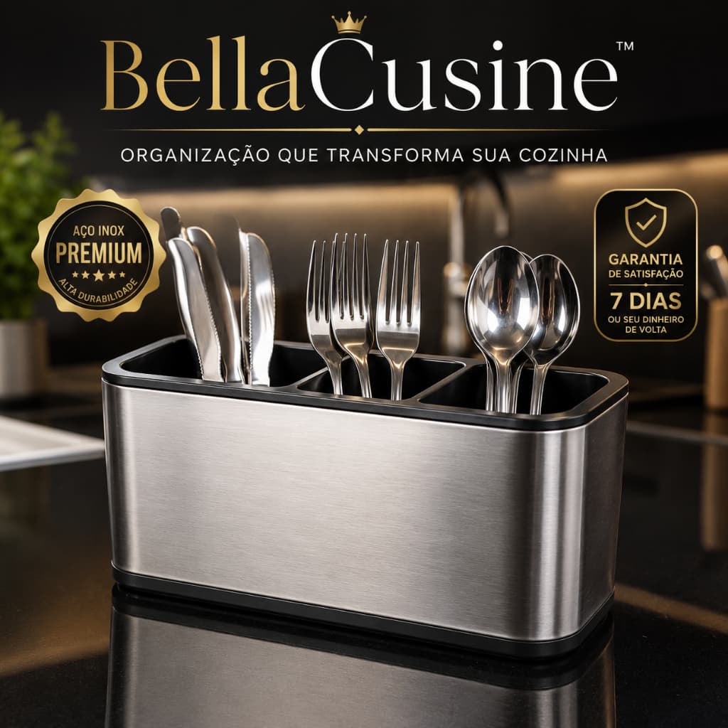 Porta Talheres Inox 3 Divisórias Organizador de Talheres para Cozinha Escorredor de Talheres BellaCusine™