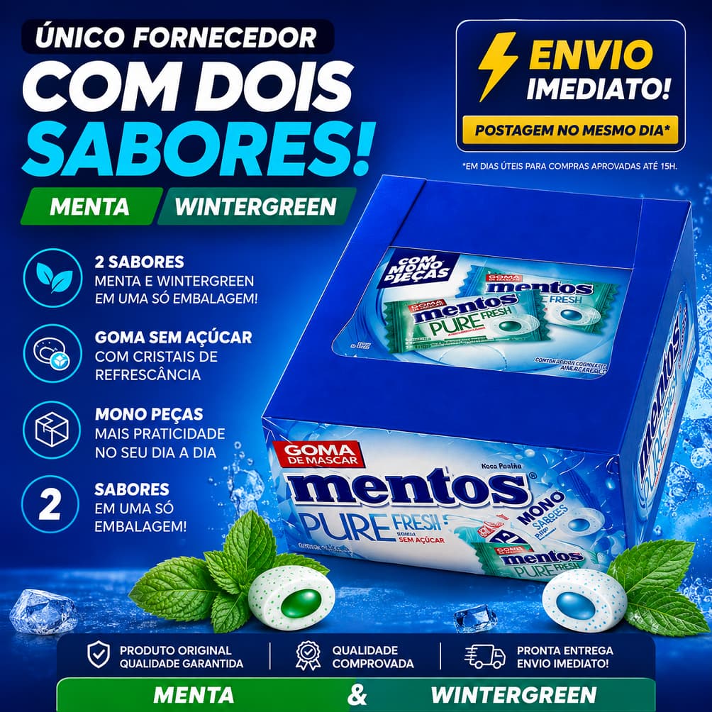 Kit Caixas Chiclete Mentos Refrescante  Pure Fresh Menta e WinterGrenn Com 60 e 120 Peças 2 Sabores