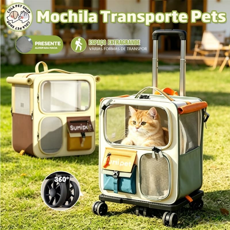 Mochila Pet Dobrável com Rodinhas 360° e Puxador Retrátil para Gatos e Cães Pequenos