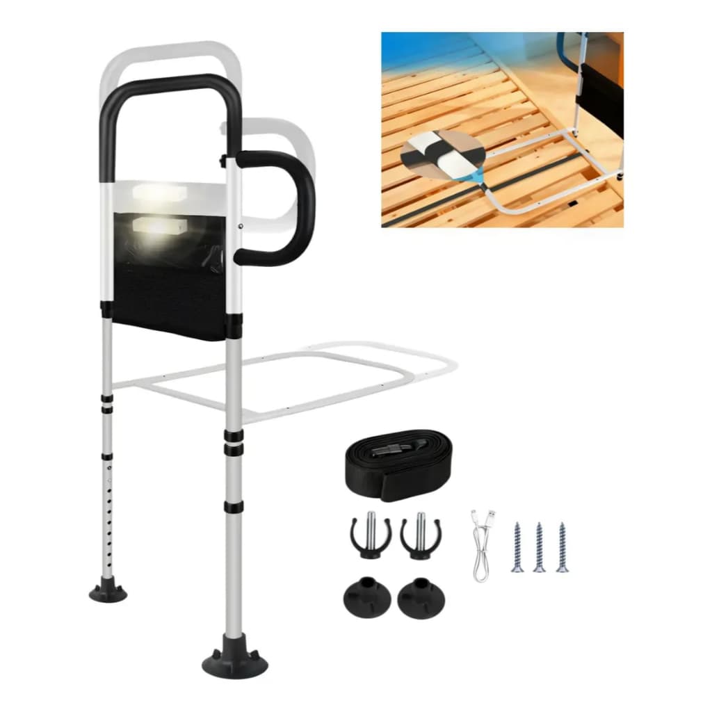 Barra de Apoio para Cama com Luz Sensor de Movimento, Ajustável em Altura, Suporte Seguro para Idosos em Aço Carbono