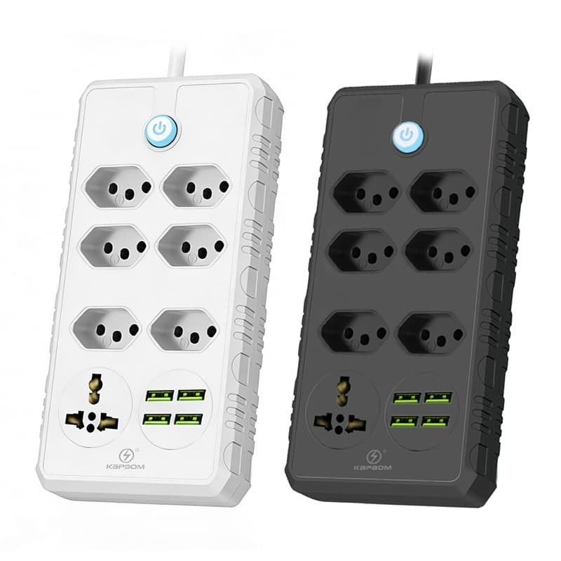 Uma extensão elétrica com uma tomada de 7 pinos e 4 portas USB, 110/220V, e um cabo de 3 metros.