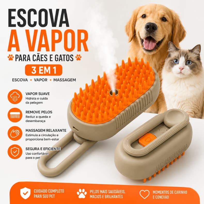 Escova a Vapor 3 em 1 para Cães e Gatos – Remove Pelos e Massageia