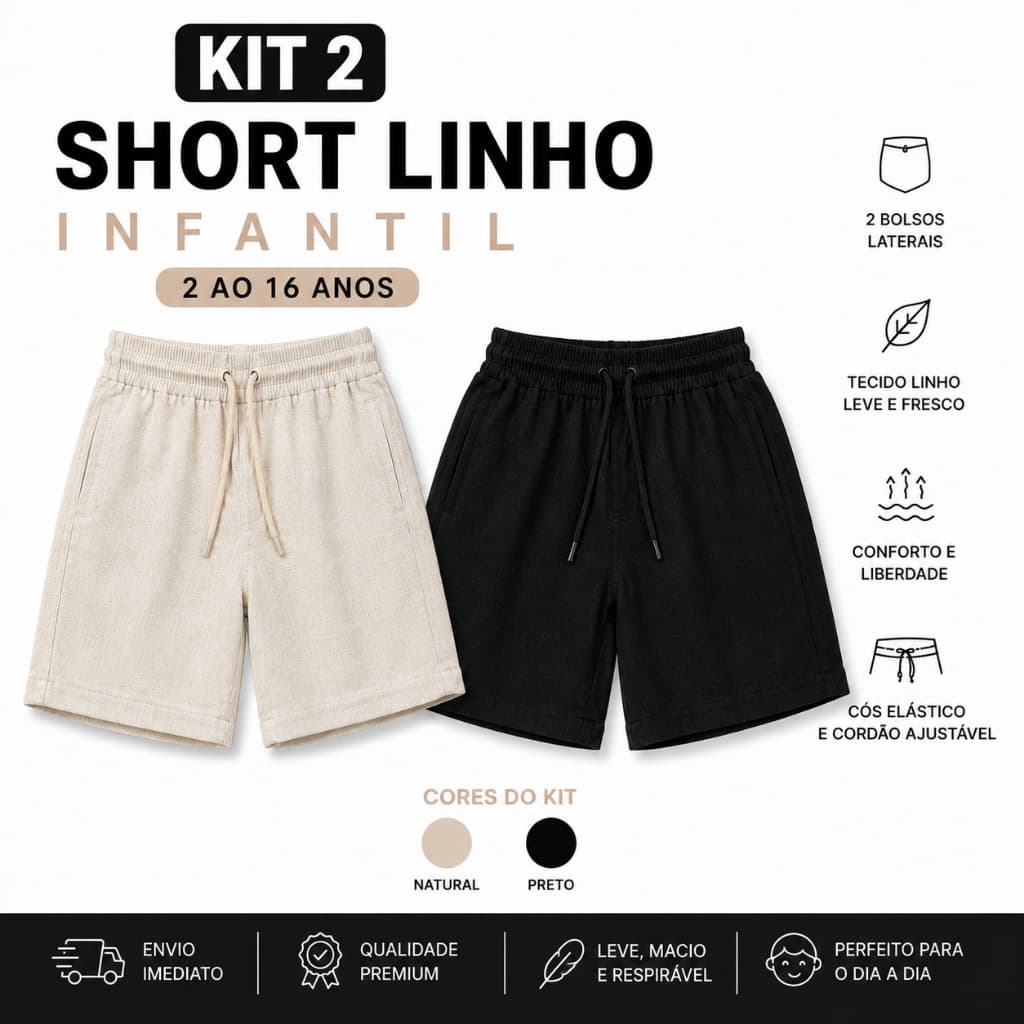 Kit 2 Short Linho Infantil Juvenil Menino 2 a 16 Anos Com 2 Bolsos Cós Ajustável Confortável Verão Envio imediato