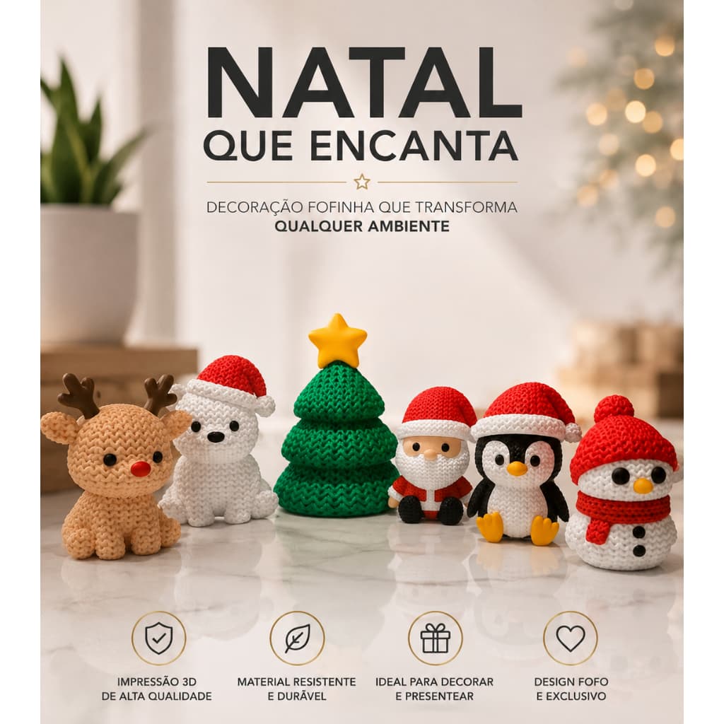 Enfeite de Natal Tricô Papai Noel Rena Árvore Pinguim 3D