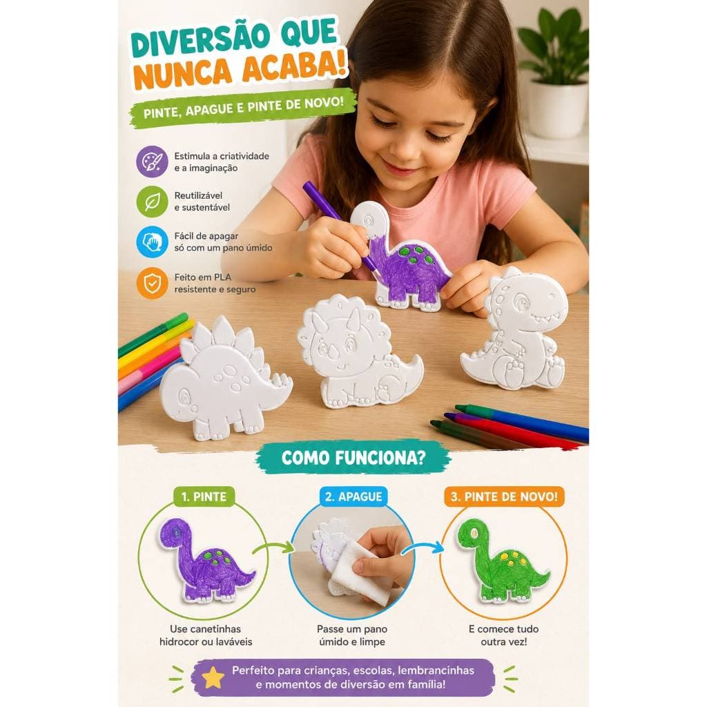 Kit Infantil para Colorir Placas plaquinhas 3D Dinossauros Pintura Lavável