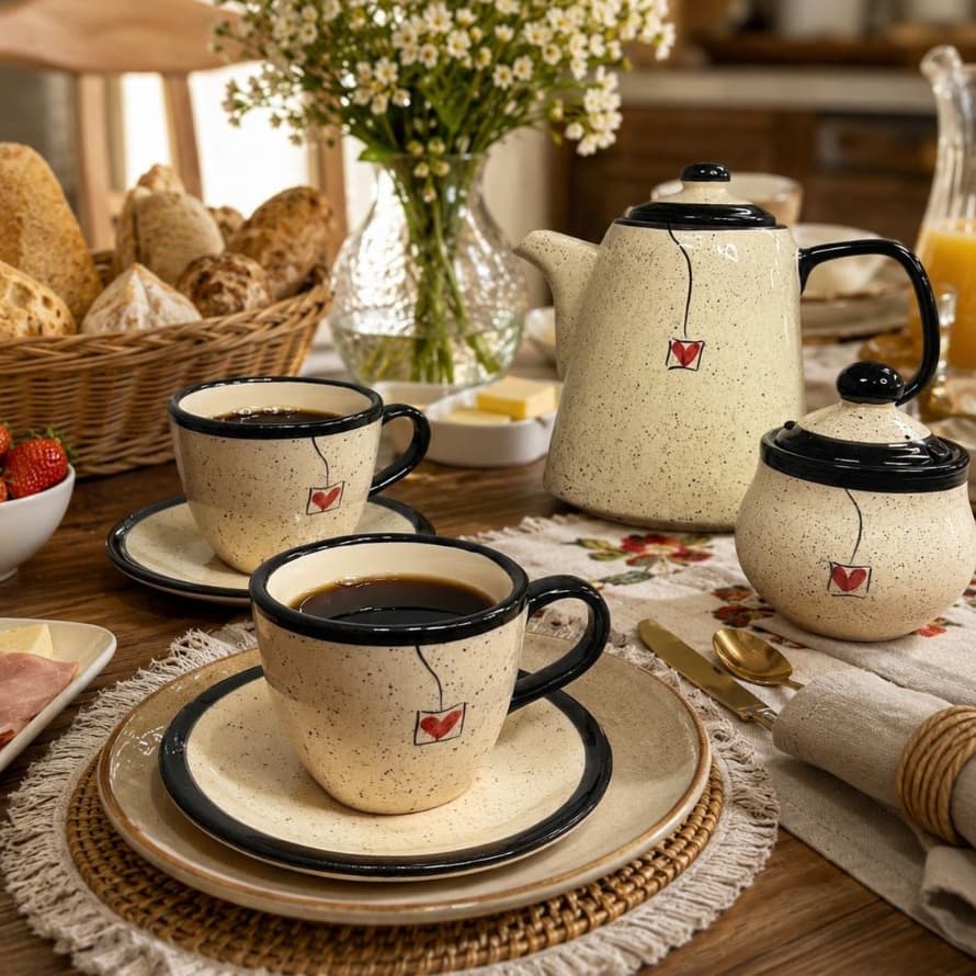 Kit Chá Cerâmica Completo Chaleira 1 Litro 2 Xícaras Açucareiro Decorado Preto