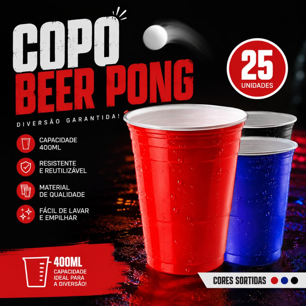 Copo Americano Biodegradável 400ml c/25 Azul Vermelho Preto Beer Pong Festa Americana Trik Trik Red Cup