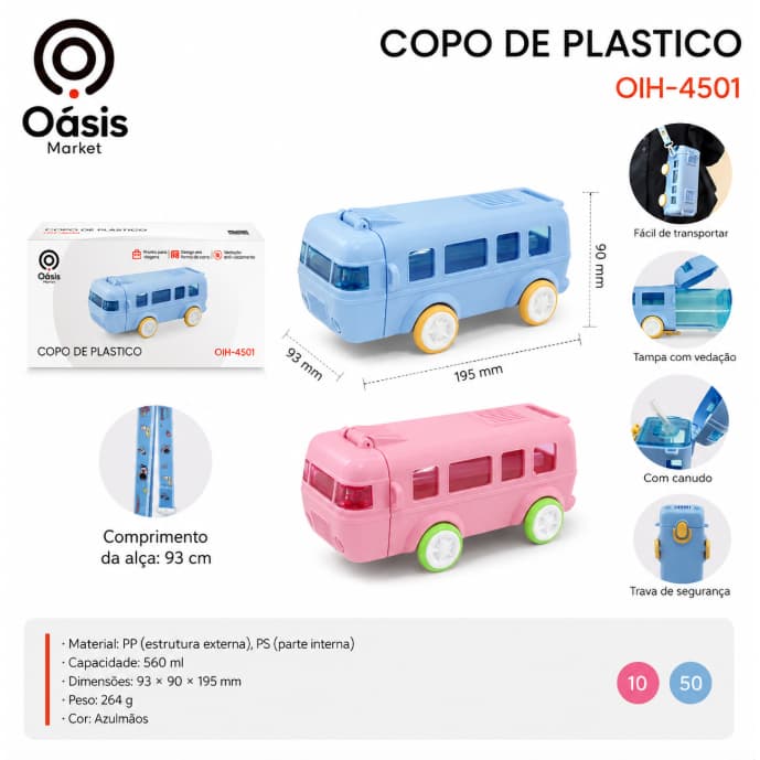 Garrafa Infantil Ônibus 560ml com Canudo e Alça  | Copo Infantil Portátil com Trava de Segurança