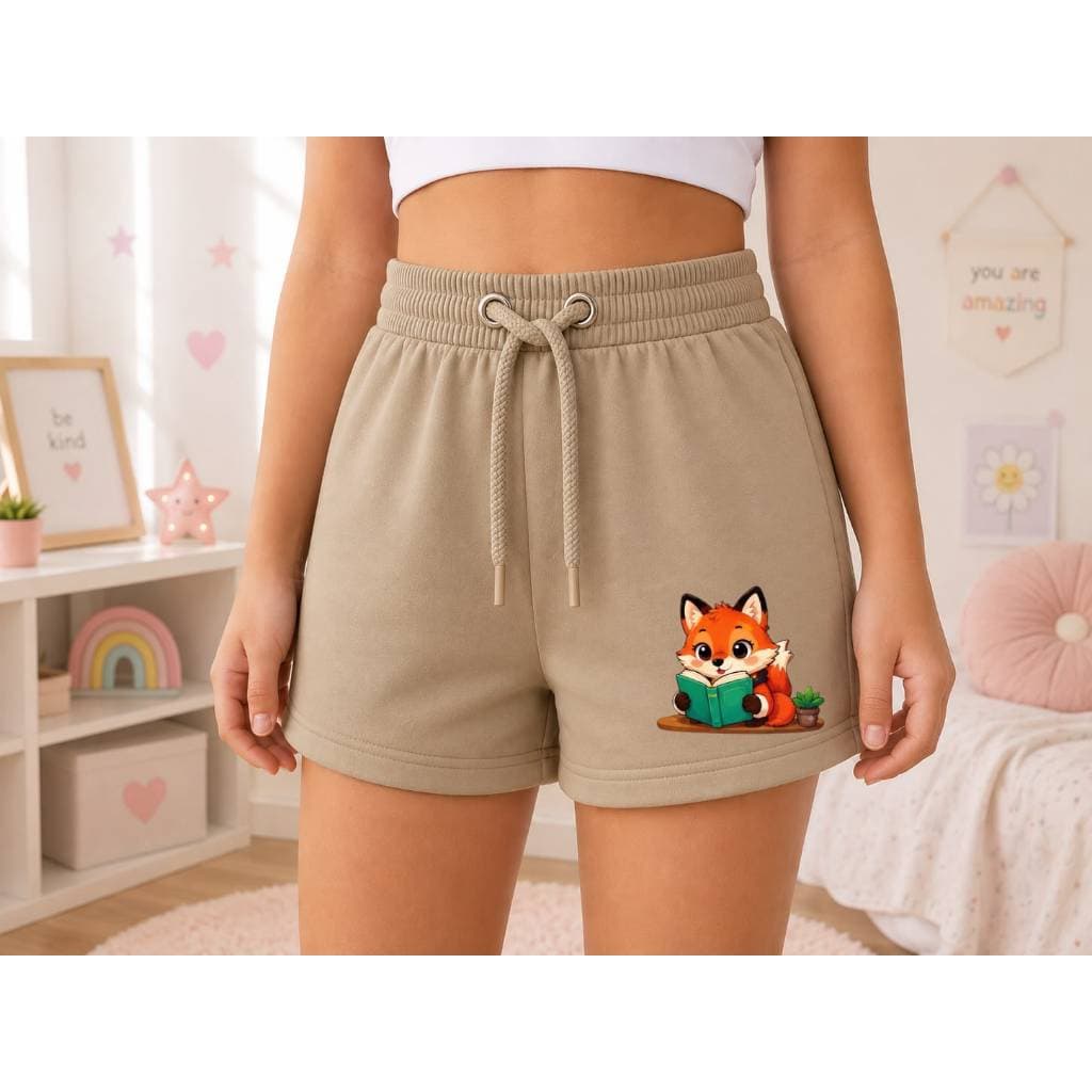 Short Rosa Feminino de Moletom com Raposinha Fofa Estampado Cintura Ajustável e Confortável