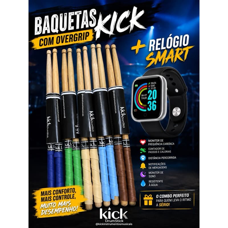 Kit 4 Pares de Baquetas Kick com OverGrip + Relógio