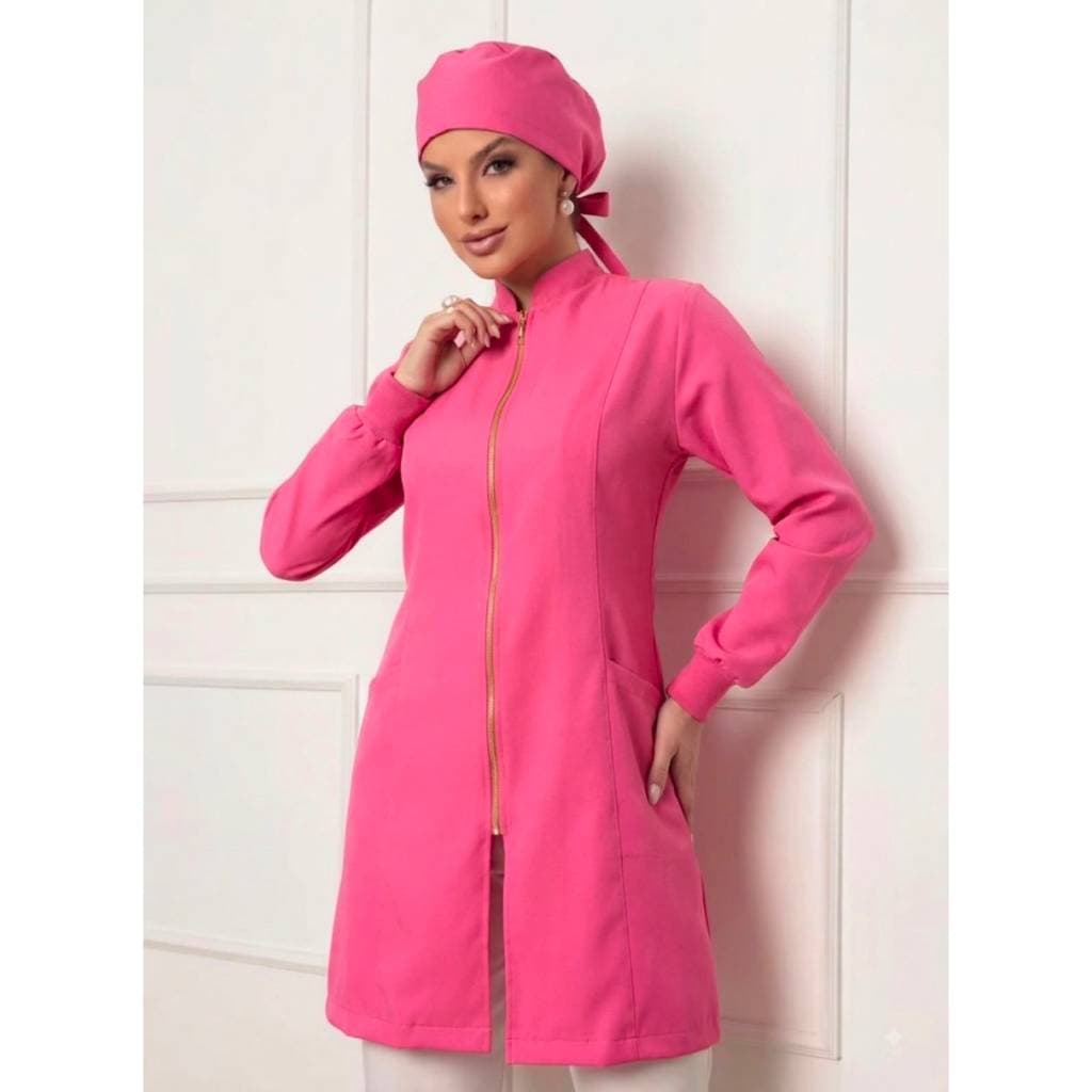 Jaleco Feminino com Zíper Nice + Gorro Pink Gardenia Jalecos