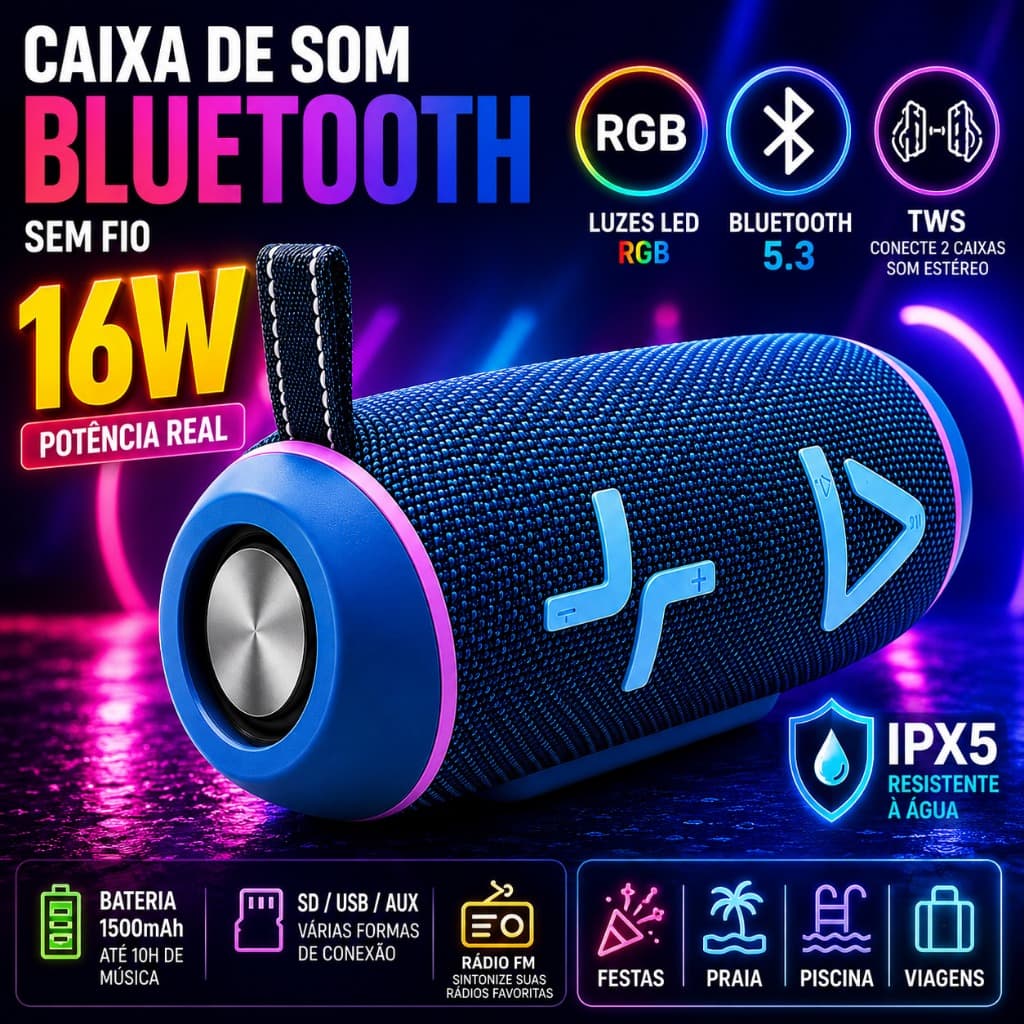 Caixa de Som Bluetooth 5.3 16W Potente LED RGB TWS IPX5 Portátil Sem Fio Rádio FM USB SD AUX