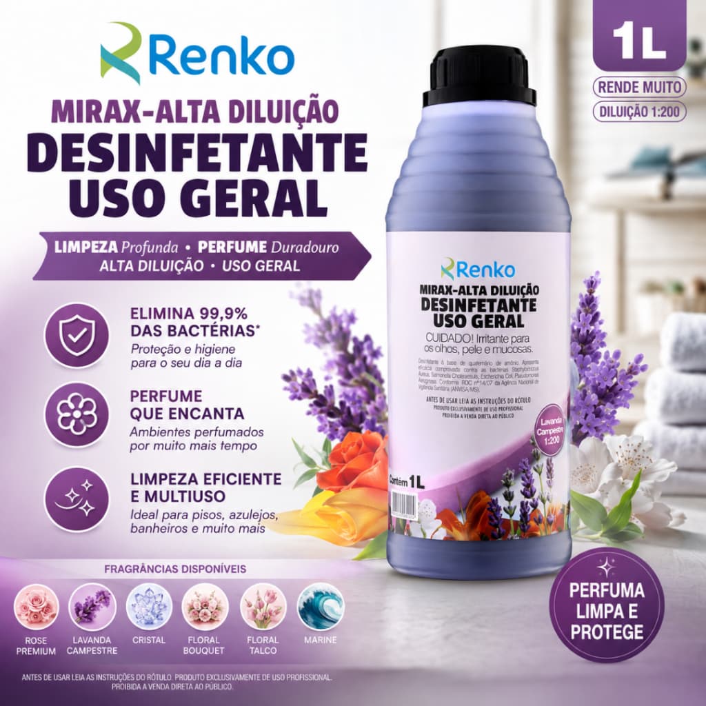 Desinfetante Mirax Alta Diluição Renko 1L Concentrado Limpeza Profissional Pisos Banheiros Ambientes
