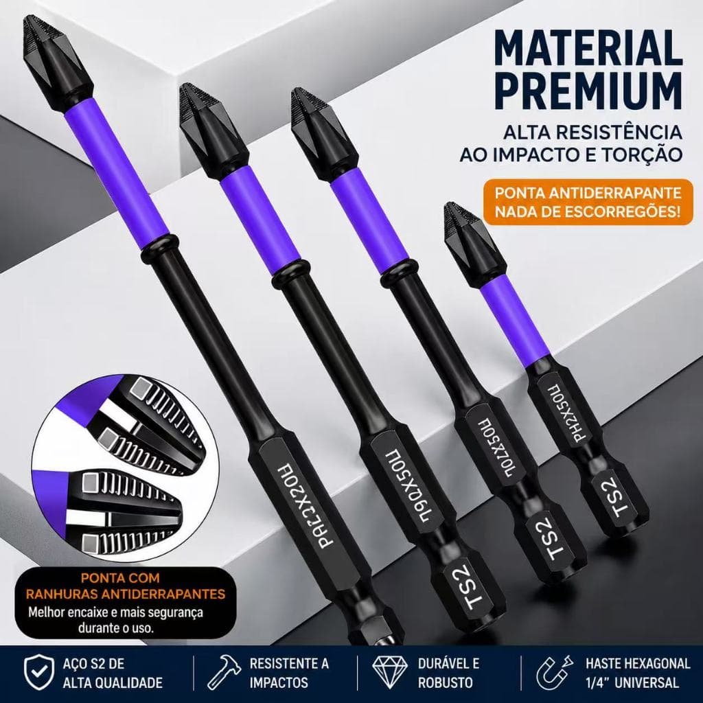 Jogo 6 Pcs Bits Magnético Ponteira Philips Parafusadeira Ph2  Imantado Antiderrapante Com Imã Sextavado
