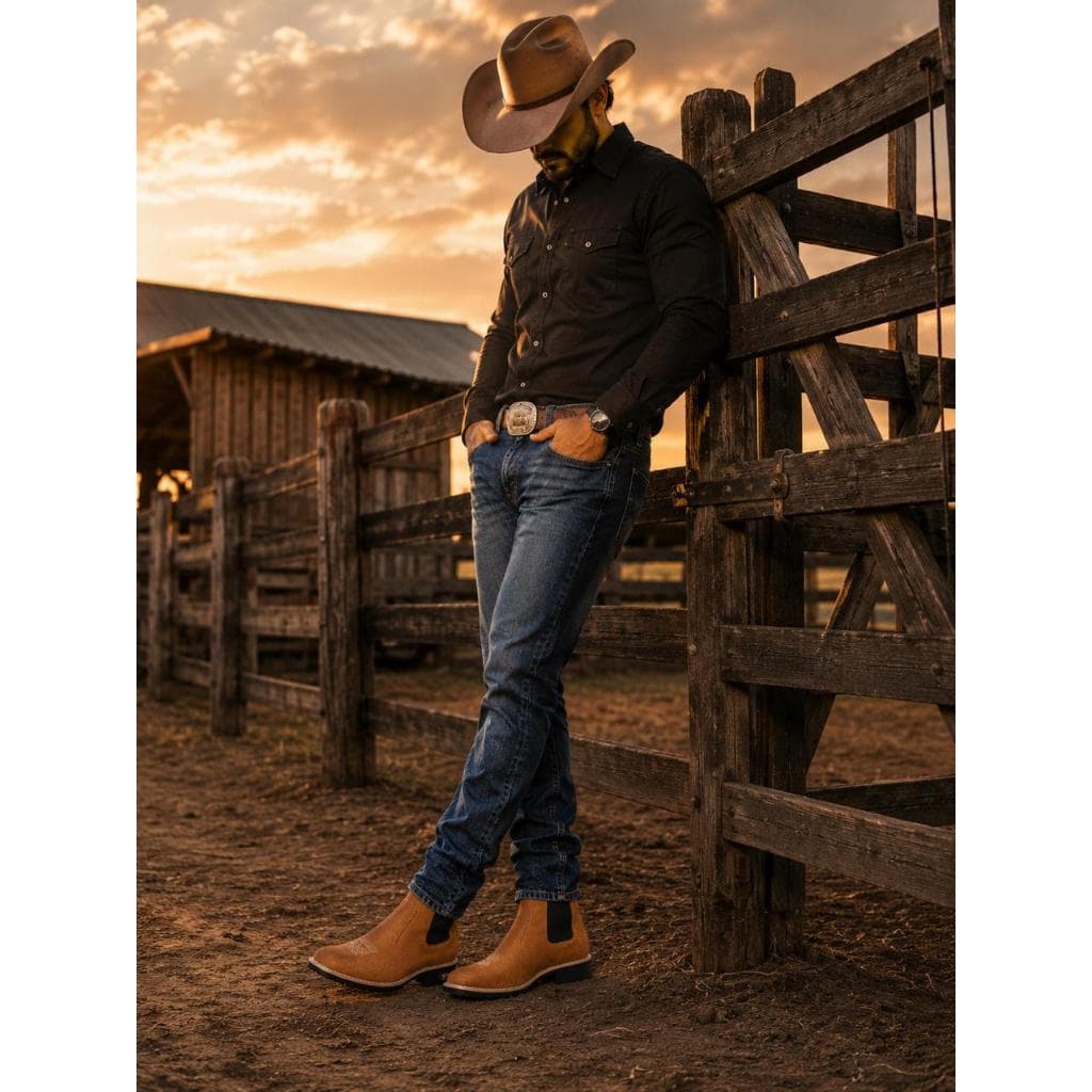 Bota Country Masculina e Feminina Botina Texana Couro sintético camurça   Cano Médio Western Bico Quadrado