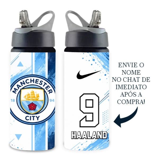 Garrafa Manchester City Squezee/Alumínio - 600ml - Personalizada com Nome