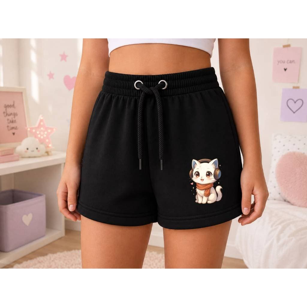 Short Feminino Moletinho Infantil com Estampa de Gatinha com Fone Fofa Confortável e Estiloso para o Dia a Dia e Brincar