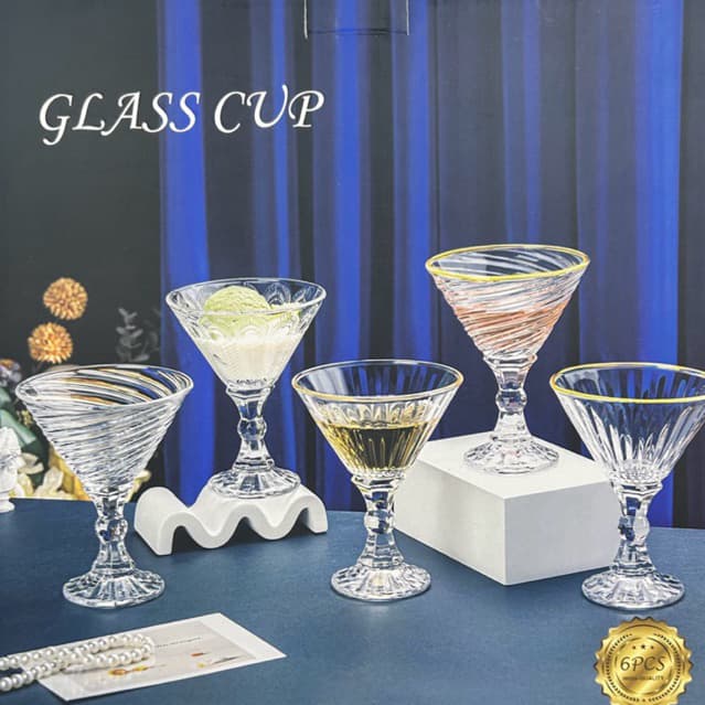Kit 5 Taças de Vidro Para Sobremesa Sorvete Drinks Ficha Com Borda Dourada Luxo 5 Peças