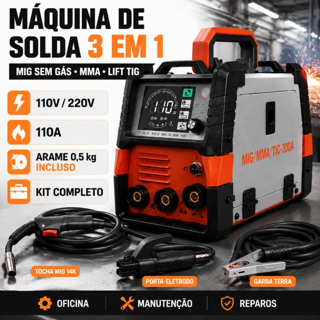 Máquina de Solda MIG Sem Gás 3 em 1 MIG MMA Lift TIG 110A 110V 220V Inversora Portátil com Tocha MIG 14K Arame 0,5kg Kit