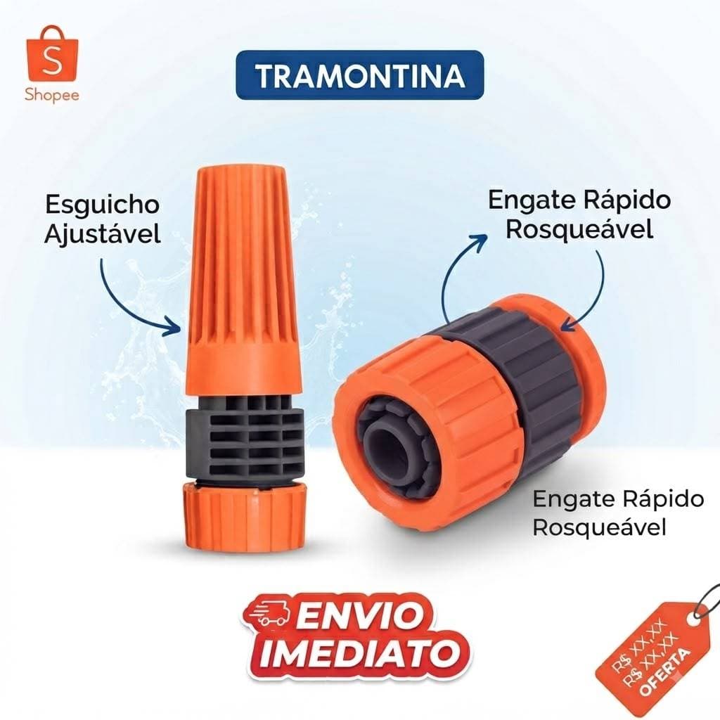 Esguicho Plástico Rosqueável Tramontina + Adaptador Engate Rosqueável Tramontina para Mangueira Jardim Irrigação