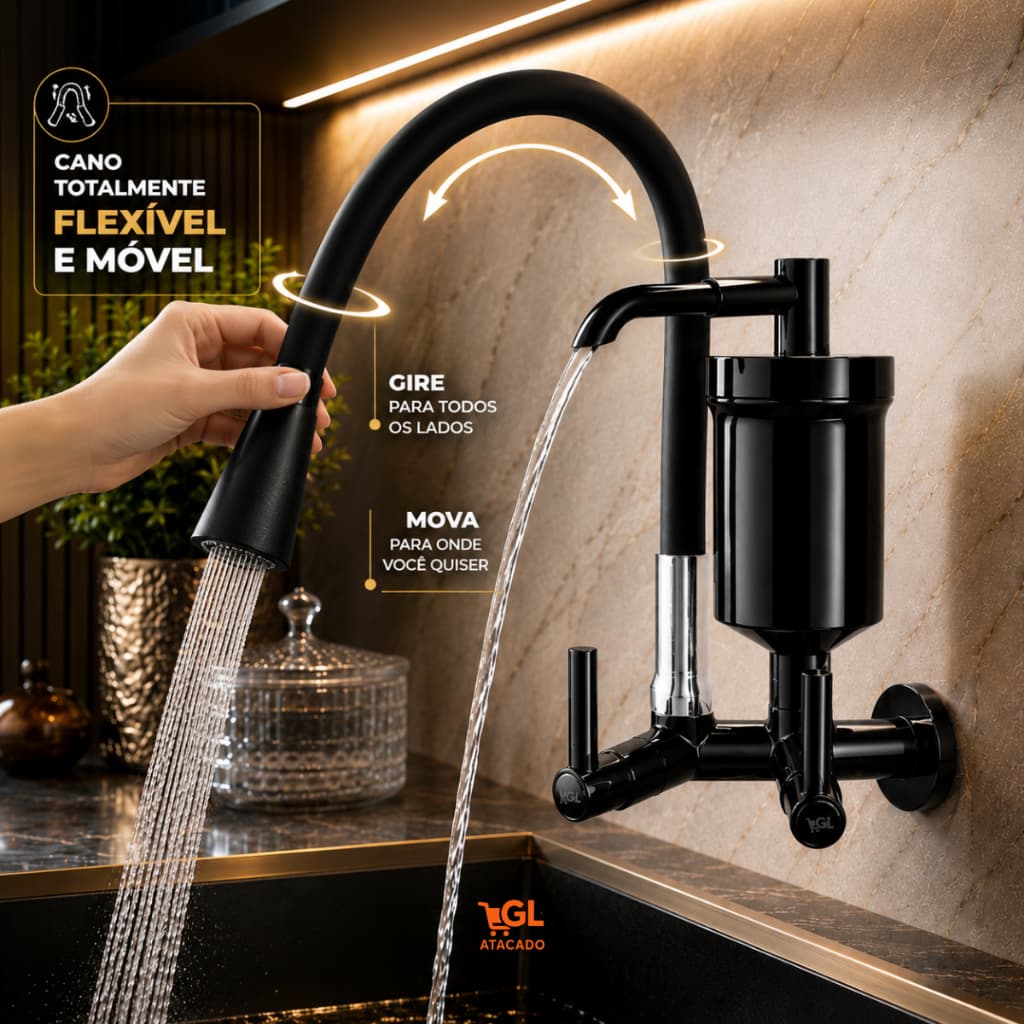 Torneira Gourmet Com Filtro Parede Preta Flexível Purificador Água Cozinha Duplo Jato Luxo Premium