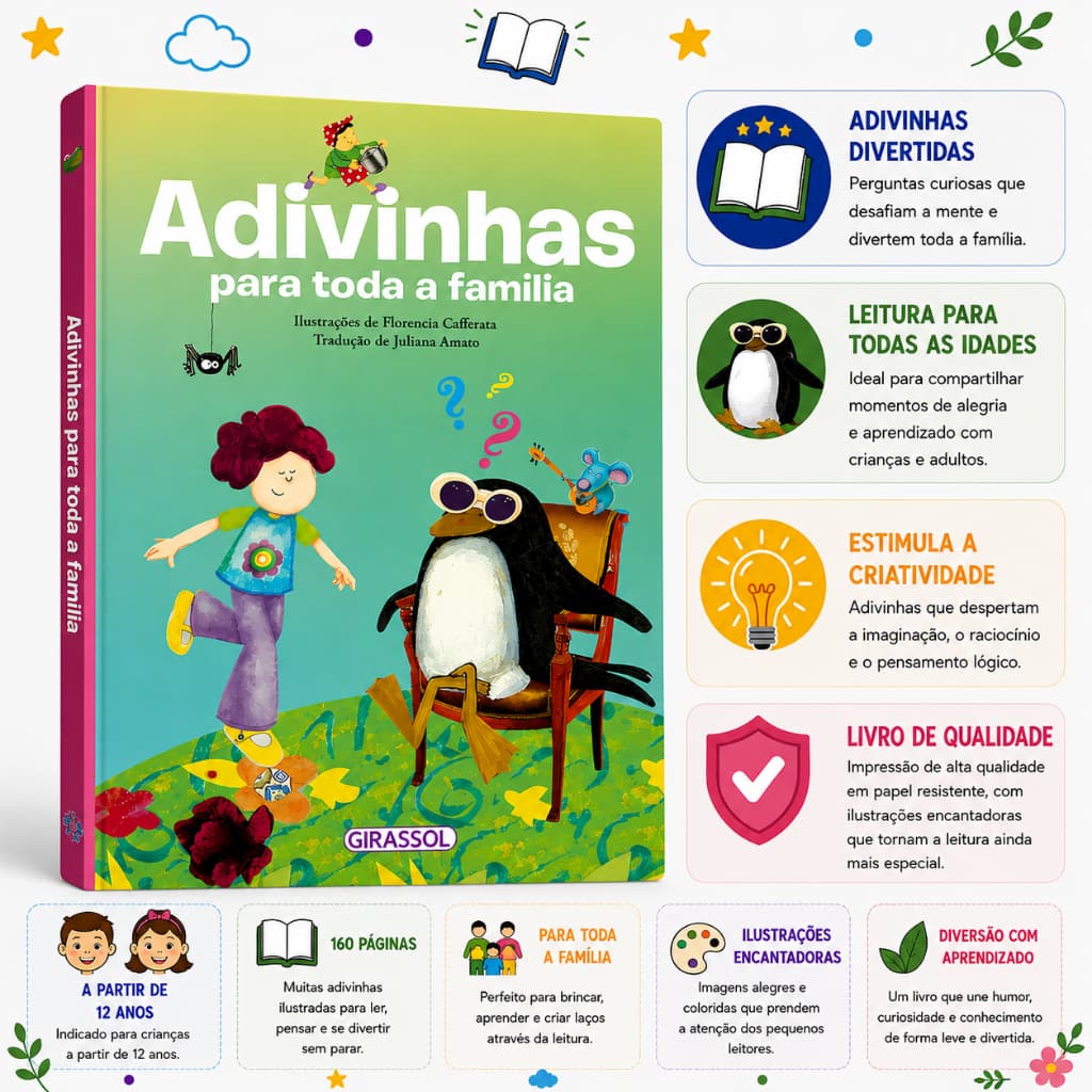 Adivinhas para Toda a Família | Livro de Charadas Enigmas e Desafios | Girassol | 160 Páginas | + 12 anos