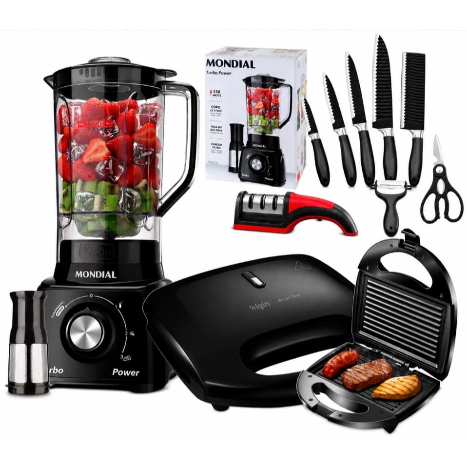 Kit  Liquidificador Mundial Turbo  + Sanduicheira Misteira Grill  + Faca Pretas + Afiador Facas