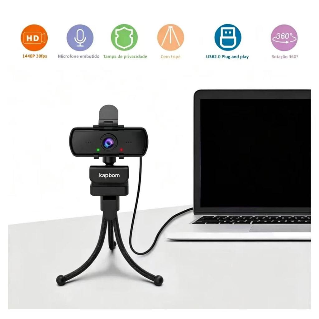 Webcam Kapbom Resolução 2K 1440p com Microfone Embutido e Tripé