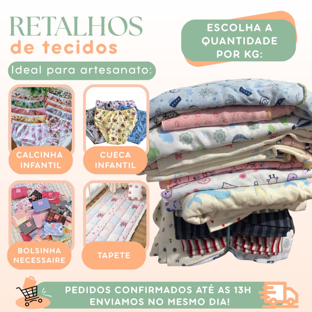 Retalho para Artesanato Suedine Meia Malha 100% Algodão Cores Sortidas Estampas Variadas Perfil Infantil 5KG 10KG 15KG