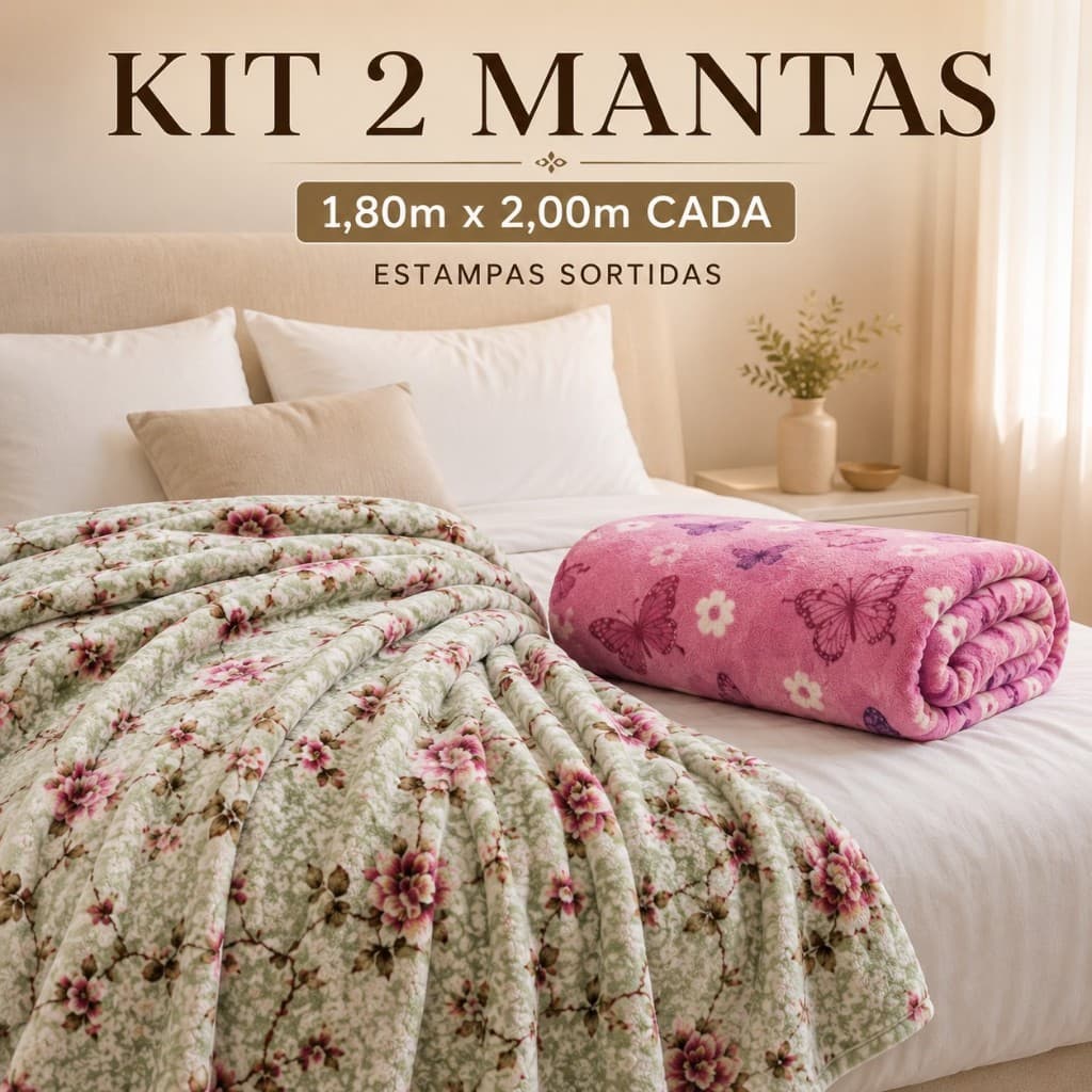 Kit 2 Manta Casal 1,80m x 2,00m Macia Felpuda Estampada Cobertor Leve Quentinho para Cama e Sofá