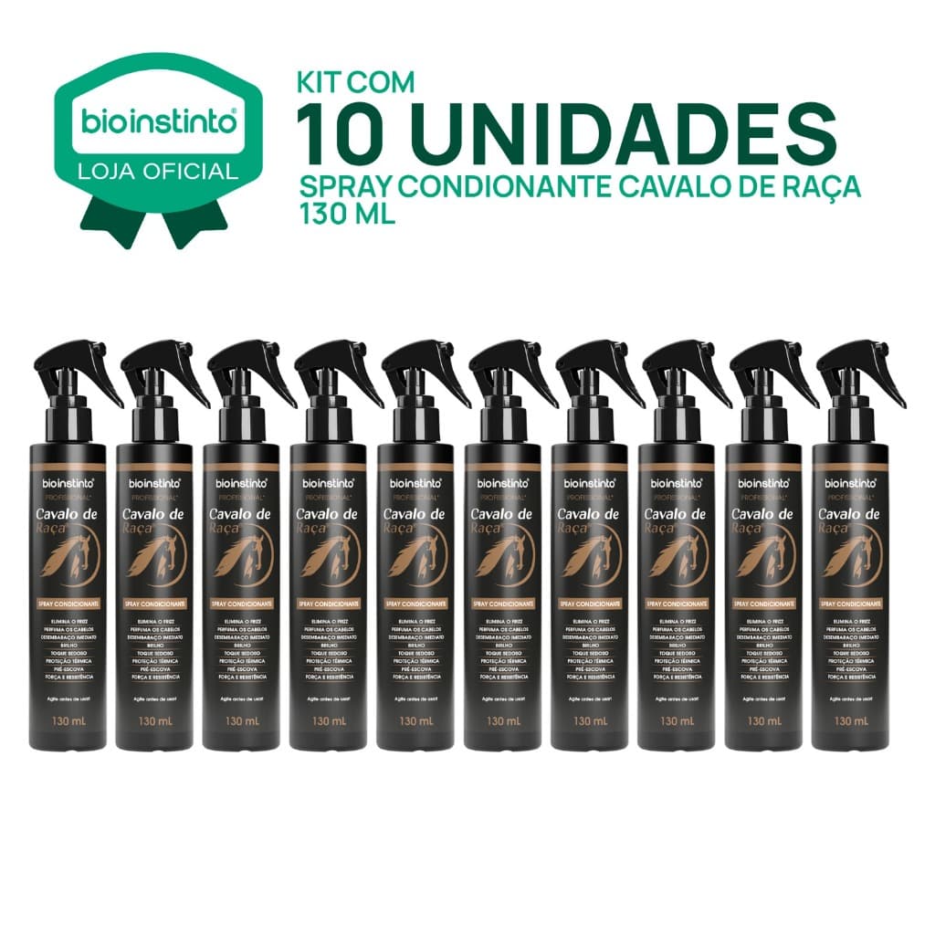 10 un SPRAY Cavalo de Raça 130ml Bio Instinto Condicionante Pré Escova Desembaraça Proteção Térmica
