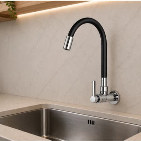 Torneira De Parede Cozinha 1078 Tubo Flexível Silicone Com Arejador Giro 360°