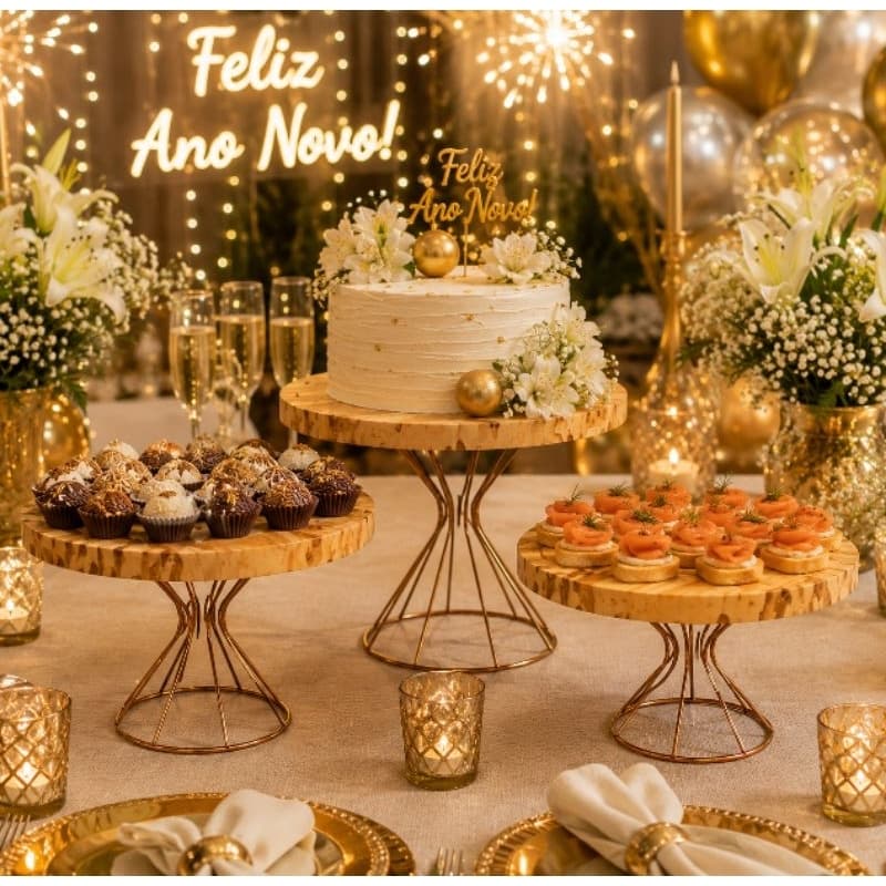 Kit Trio Boleiras de Ferro com Tampo de Madeira Pinus – 3 Peças para Bolos, Doces e Decoração.