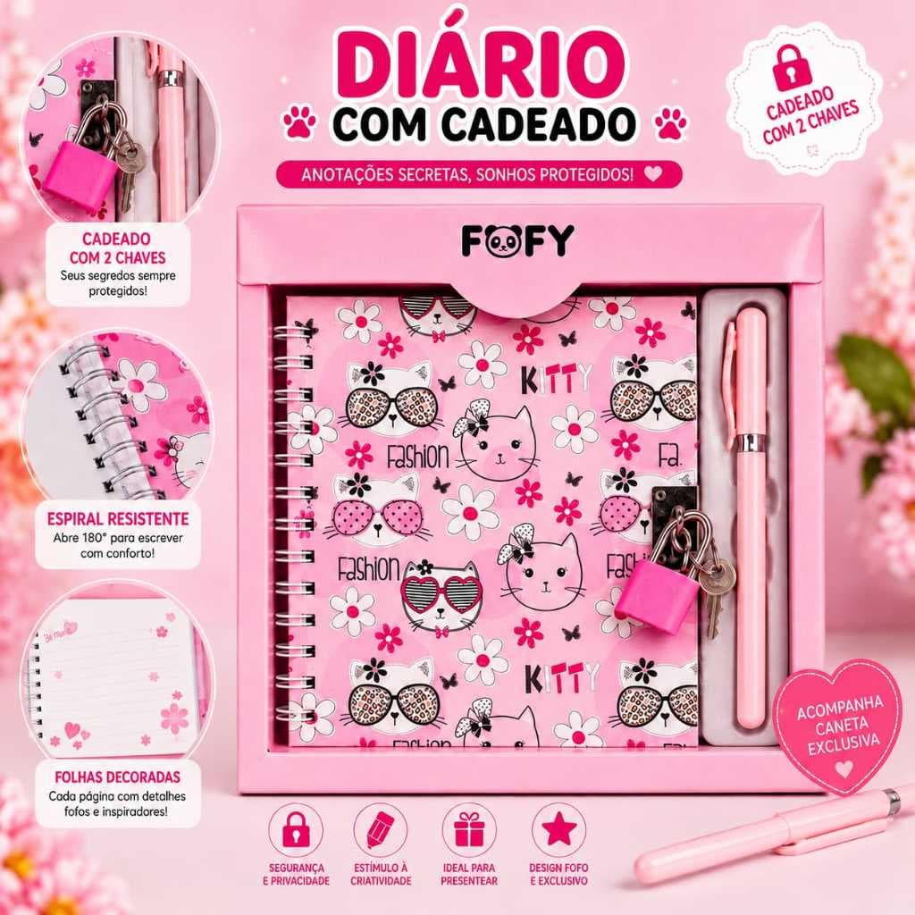​Diário Com Cadeado Fofy Chave Caderno Fofo Kawaii Caneta Presente Menina Papelaria