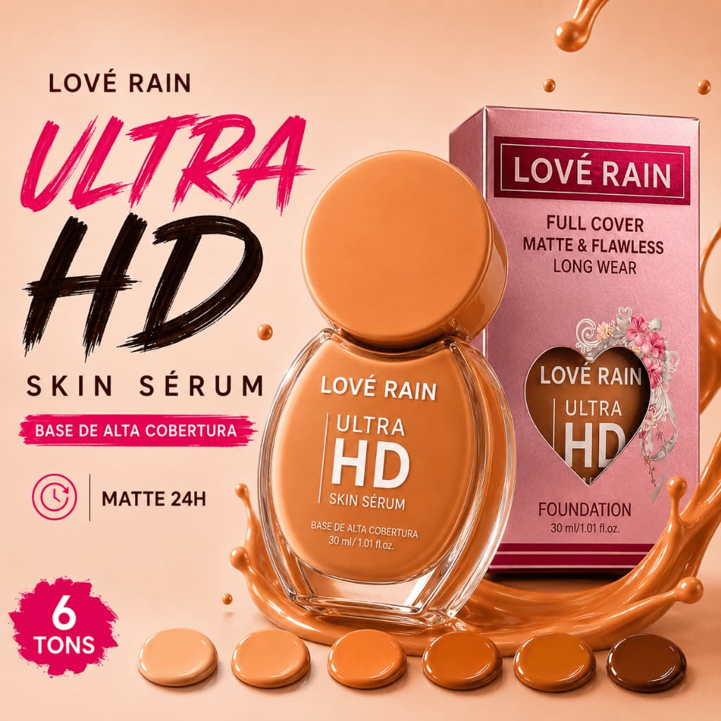 Base Líquida Love Rain Ultra HD Skin Serum Facial Alta Cobertura Matte Flawless Acabamento Natural