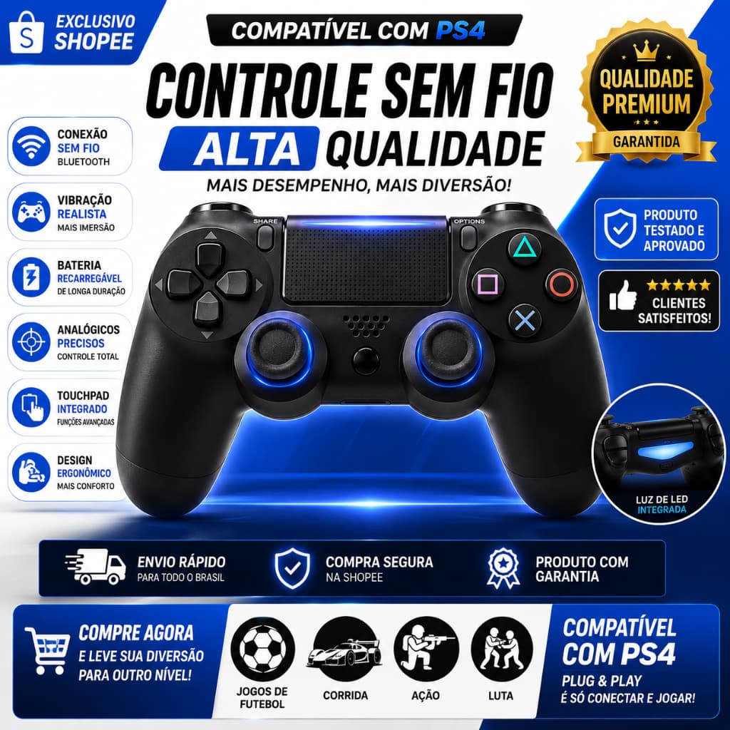 Controle Sem Fio Compatível com PS4 Bluetooth Gamepad Joystick Vibração Touchpad Bateria Recarregável Alta Qualidade