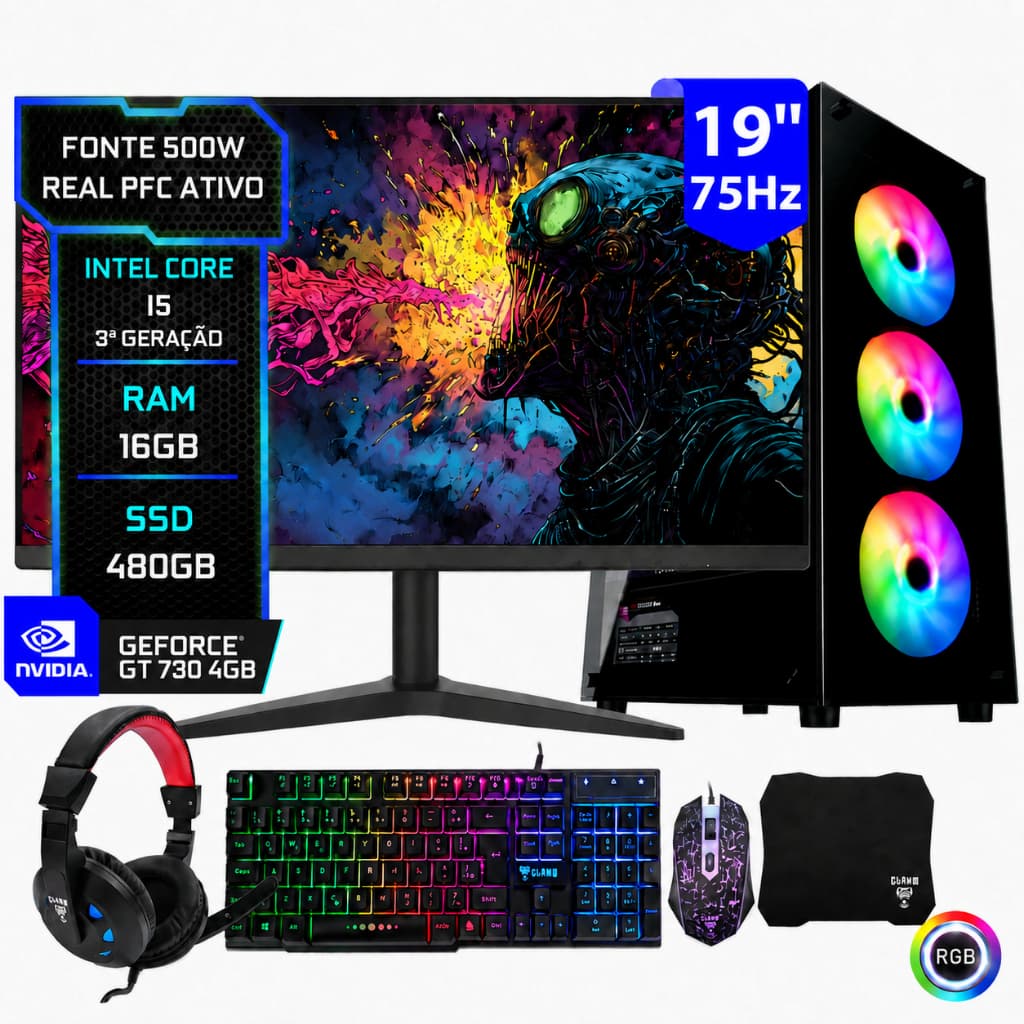 PC Gamer Completo Barato I5 3° 16gb + Ssd 240gb + Geforce 4gb + Monitor 19 Preto + Combo Gamer