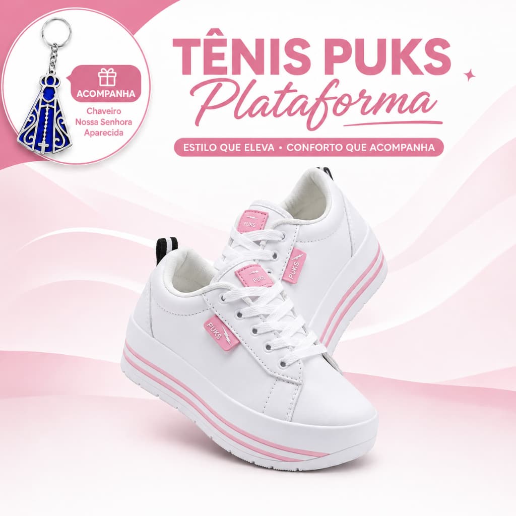 Tênis Feminino Plataforma Com Chaveiro Nossa Senhora Trabalho Confortavel Branco Rosa Preto Dia a Dia