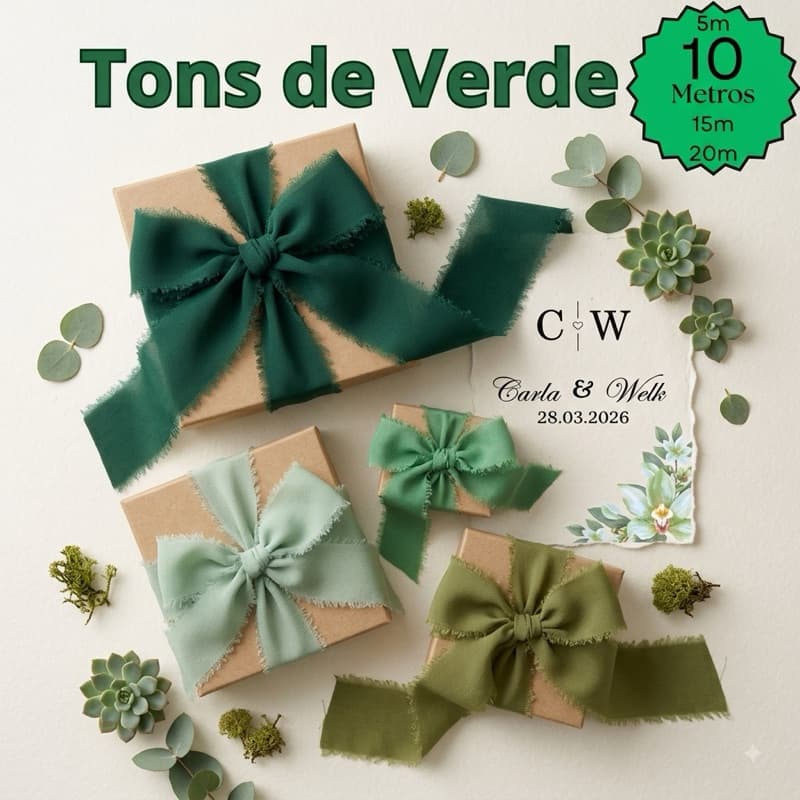 Fita Chiffon Verde Artesanal Rústica Desfiada para casamentos, caixas padrinhos, festas