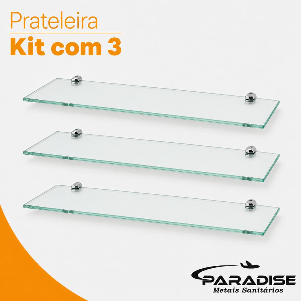Kit 3 Prateleiras Vidro Incolor 30x10cm Porta Shampoo Banheiro com Suporte