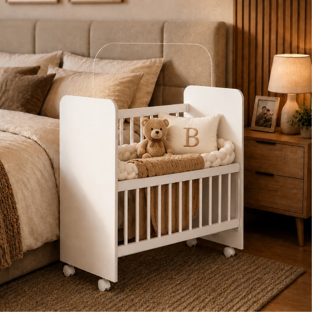 Mini Berço Bedside Branco Infantil com Colchão e Grade Móvel para Bebê Recém Nascido Doce Encanto Liberty Móveis