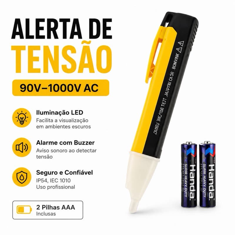 ⚡ TESTADOR DE TENSÃO SEM CONTATO 90V A 1000V AC COM LED E ALARME SONORO + 2 PILHAS AAA