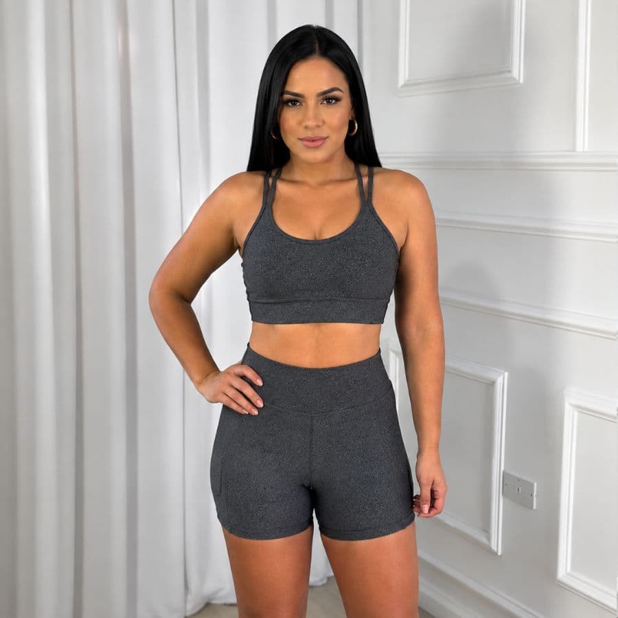 Conjunto Fitness - Top e Short Feminino com Bojo Removível Tecido de Suplex Zero Transparencia Liso Básico Cintura Alta