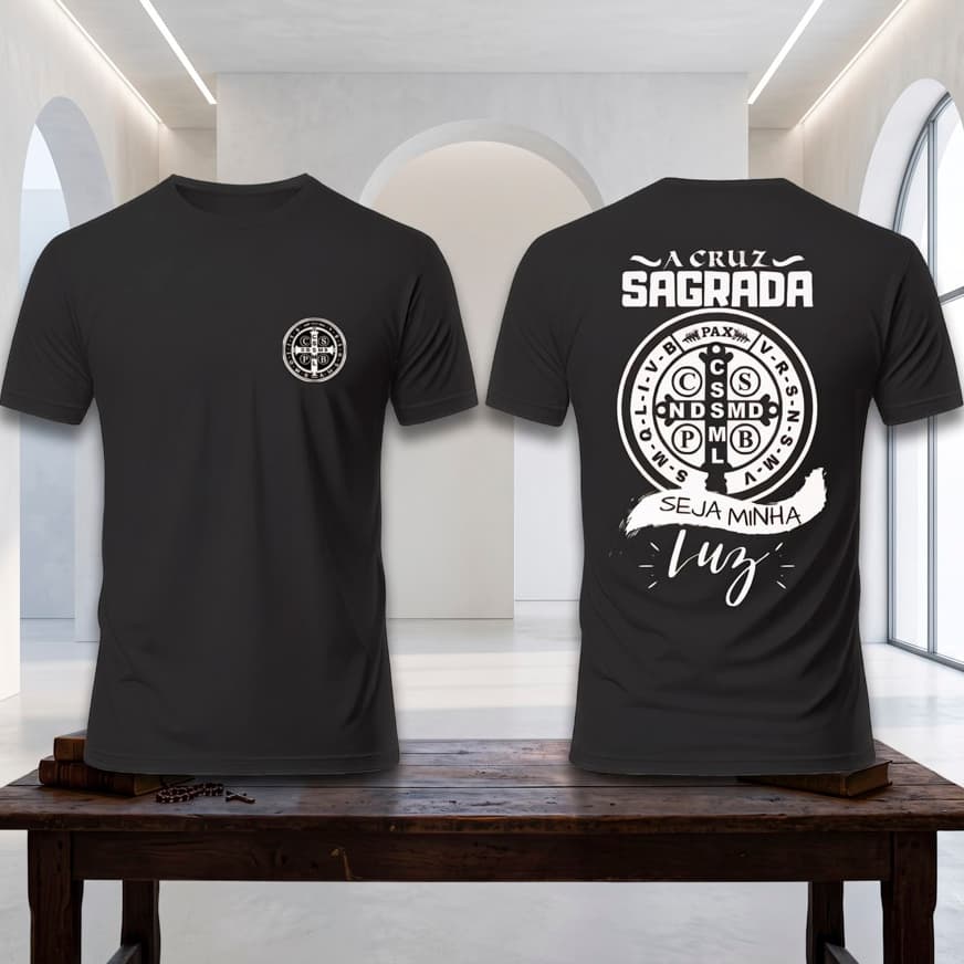 Camiseta Masculina Feminina Unissex Camisa Catolica Estampada a Cruz Sagrada Seja Minha Luz Premium